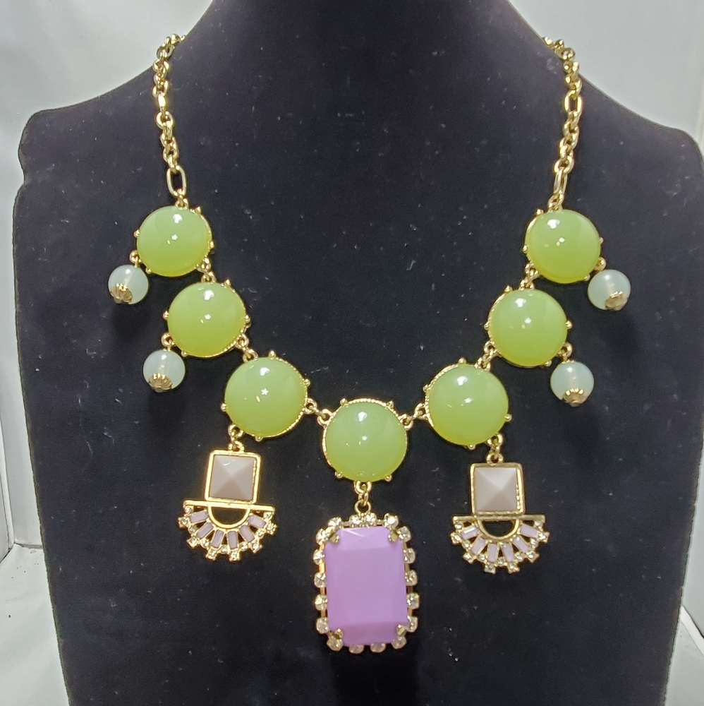 Bijou Drive  gold chain necklace with green and lavender stones with rhinestones